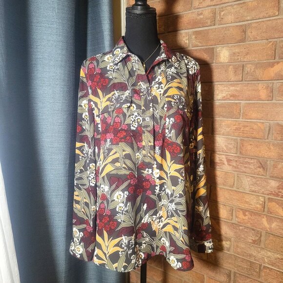 LOFT Floral Blouse Long Roll Tab Sleeves Button Down Blouse - Size L - Picture 5 of 8